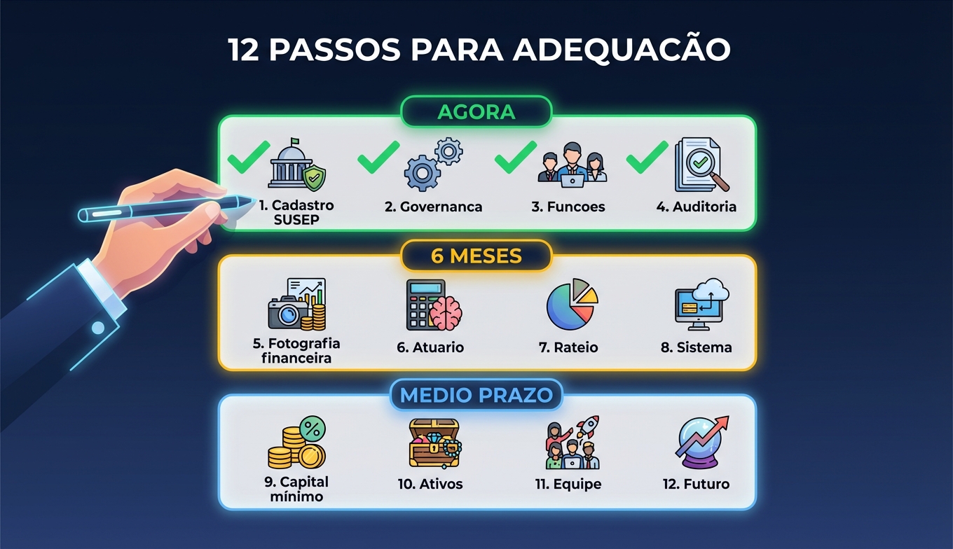 Checklist visual dos 12 passos para adequar associação à nova lei LC 213/2025, organizados em três blocos de urgência