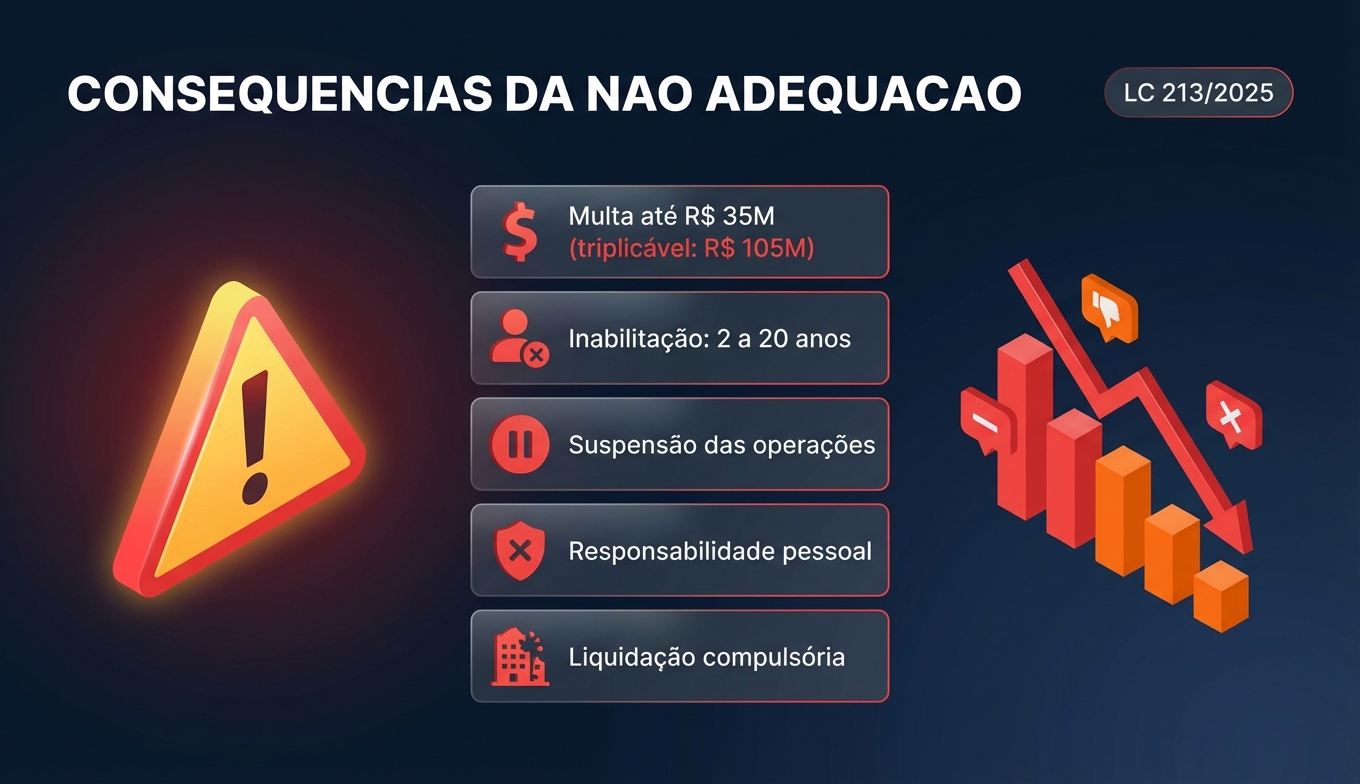 Infográfico mostrando as penalidades por não adequação: multas de até R$ 105 milhões, inabilitação de 2 a 20 anos e liquidação compulsória