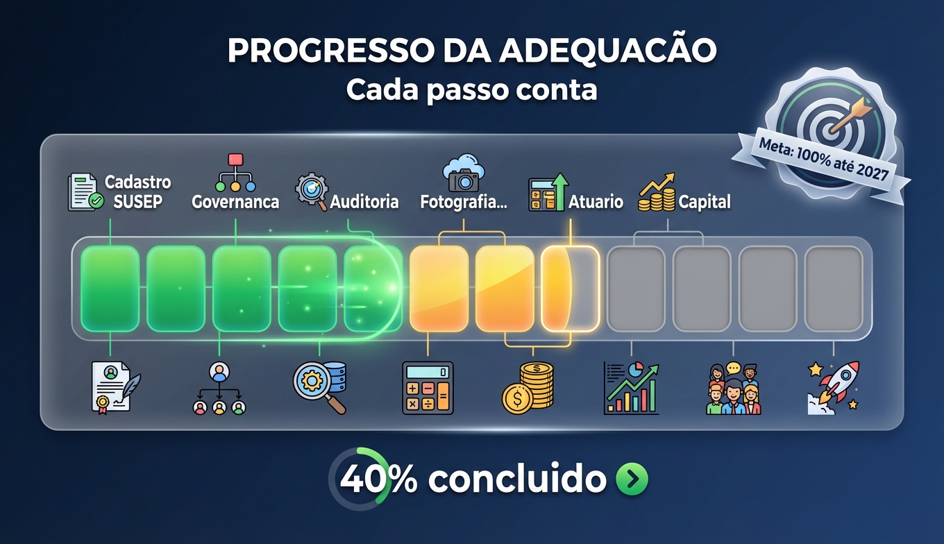 Barra de progresso mostrando a evolução da adequação: cadastro SUSEP, governança, fotografia financeira, sistema de gestão e capital mínimo