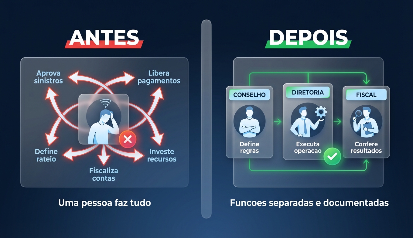 Comparativo visual antes e depois: no modelo antigo, uma pessoa centraliza todas as funções; no novo modelo, funções são distribuídas entre conselho deliberativo, diretoria e conselho fiscal