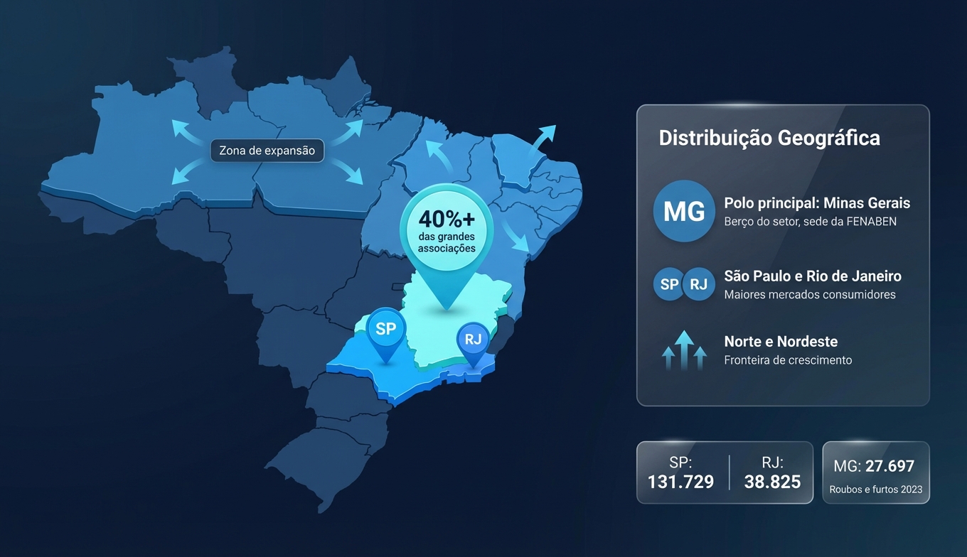 Mapa do Brasil mostrando a distribuição geográfica das associações de proteção veicular: Minas Gerais concentra mais de 40% das grandes associações