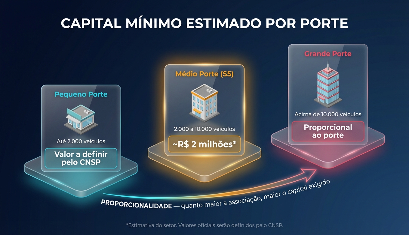Diagrama mostrando a escala de capital mínimo estimado por porte de associação: pequena, média e grande