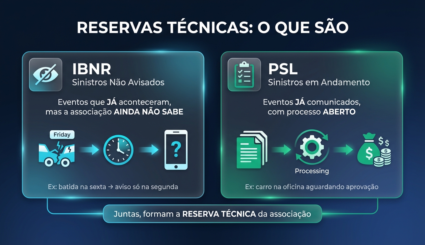 Diagrama explicando os tipos de reservas técnicas: IBNR para sinistros não avisados e PSL para sinistros em andamento