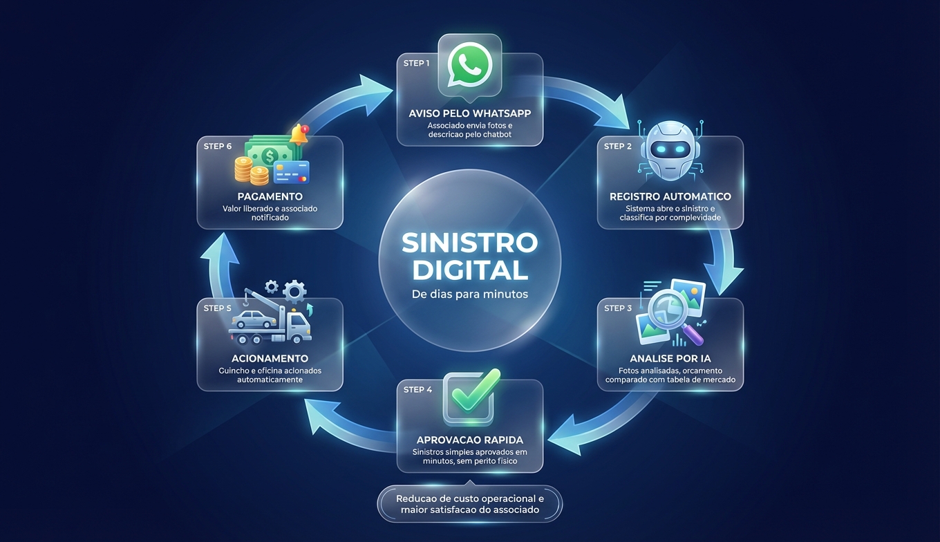 Ciclo do sinistro digital: aviso pelo WhatsApp, análise por IA, aprovação automática e acompanhamento em tempo real
