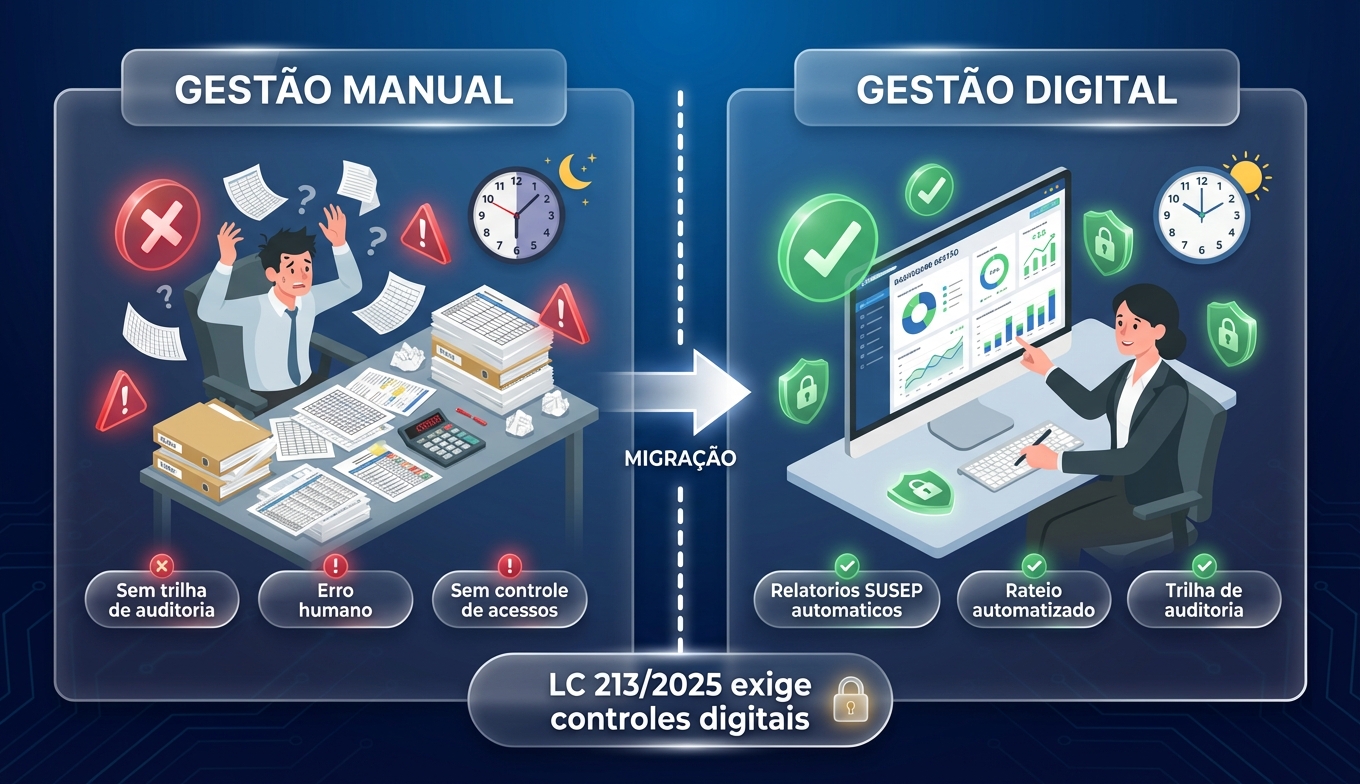 Comparativo entre gestão manual com planilhas e gestão digital com sistema especializado: controle de rateio, relatórios SUSEP e auditoria